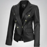 Kim women’s black leather blazer with double-breasted design