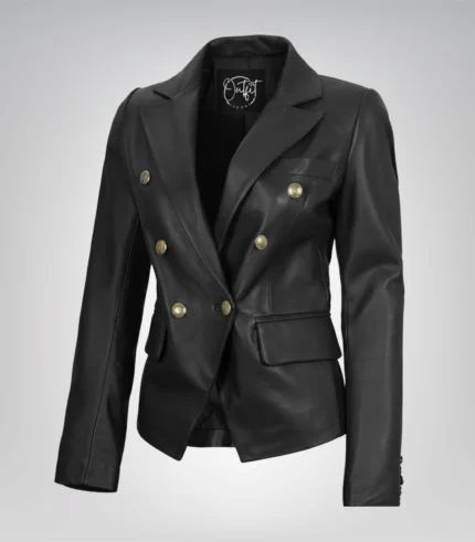 Kim women’s black leather blazer with double-breasted design