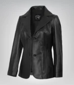 Women’s black leather blazer with two-button closure