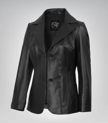 Women’s black leather blazer with two-button closure