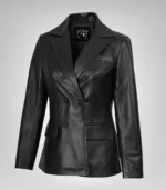 Women’s black leather coat with double-breasted design