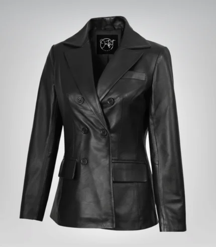 Women’s black leather coat with double-breasted design