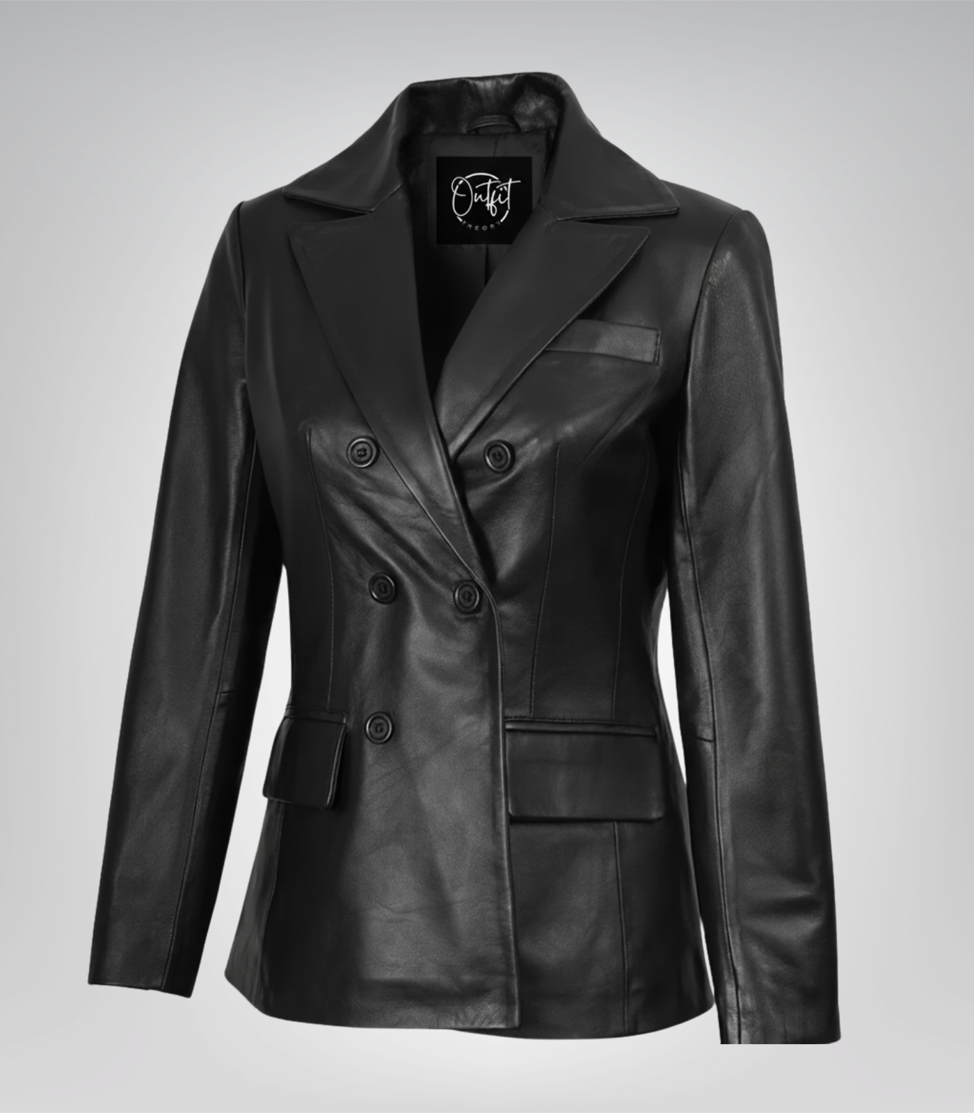 Women’s Double-Breasted Black Leather Coat Women’s black leather coat with double-breasted design