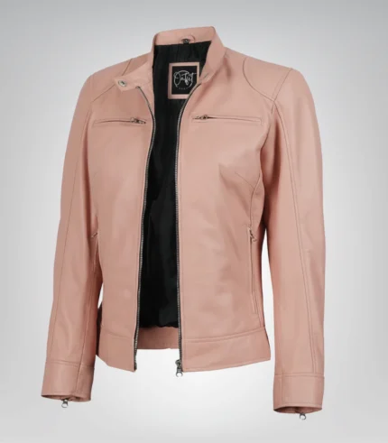 Women’s light pink leather biker jacket in premium Dodge style