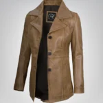 Women’s camel leather blazer with three-button closure