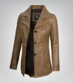 Women’s camel leather blazer with three-button closure