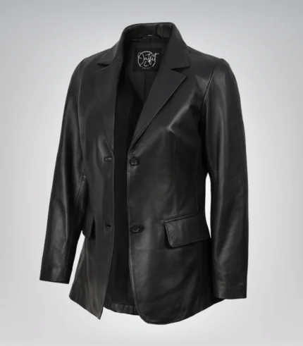 Shannon women’s black leather blazer with two-button closure