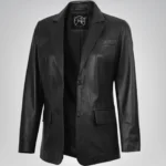 Women’s Two-Button Black Leather Blazer Jacket – Classic