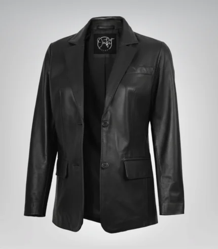Women’s Two-Button Black Leather Blazer Jacket – Classic