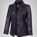 Women’s purple leather blazer with three-button closure