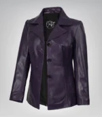 Women’s purple leather blazer with three-button closure
