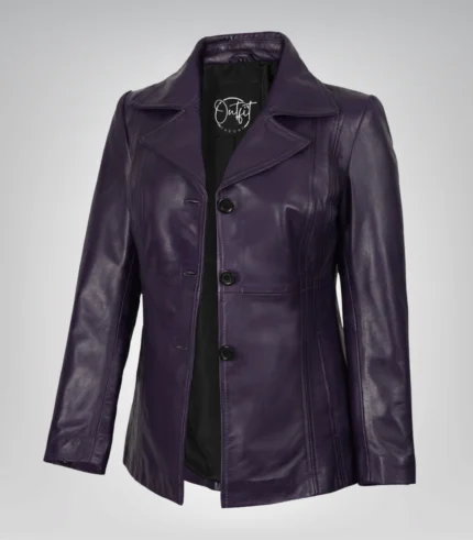 Women’s purple leather blazer with three-button closure
