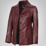 Women’s burgundy leather blazer with three-button closure