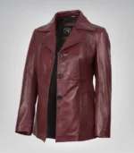 Women’s burgundy leather blazer with three-button closure