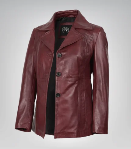 Women’s burgundy leather blazer with three-button closure