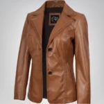 Women’s tan leather blazer with two-button closure