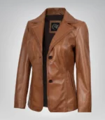 Women’s tan leather blazer with two-button closure