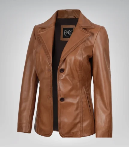 Women’s tan leather blazer with two-button closure