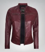 Burgundy real leather motorcycle jacket for women
