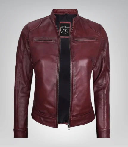 Burgundy real leather motorcycle jacket for women
