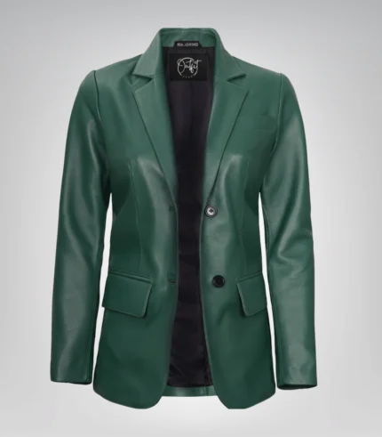 Green genuine lambskin leather blazer for women