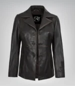 Distressed brown genuine lambskin leather blazer for women
