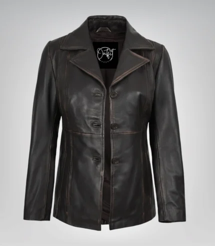 Distressed brown genuine lambskin leather blazer for women