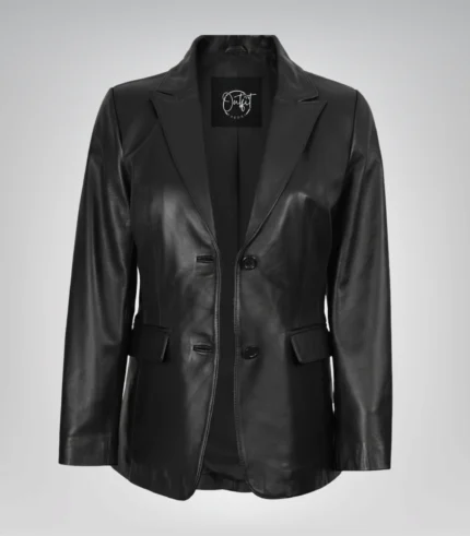 Black genuine lambskin leather blazer for women