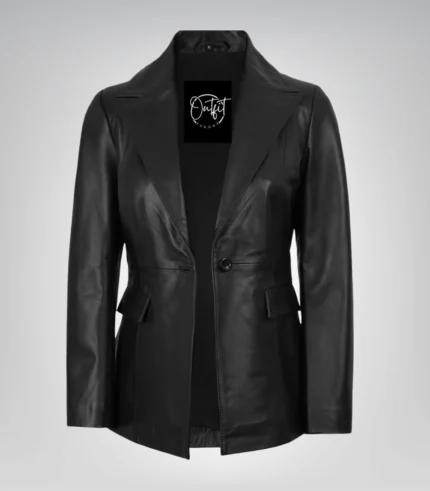 Black genuine lambskin leather blazer for women