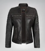 Distressed brown real leather motorcycle jacket for women