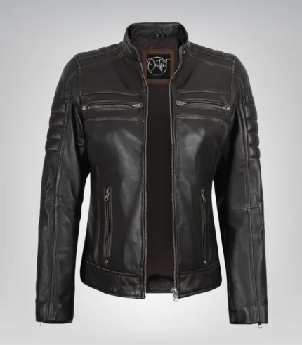 Distressed brown real leather motorcycle jacket for women
