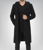 Men’s Black Hooded Wool Coat Zip-Up Winter Overcoat - Image 2