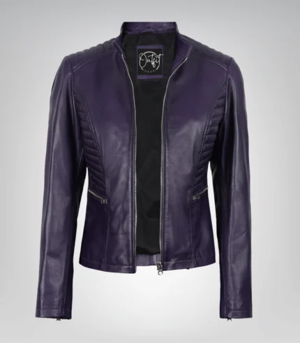 Purple real leather motorcycle jacket for women
