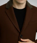 Chocolate brown wool winter overcoat for men with shearling collar by Javier