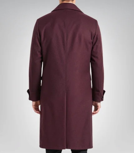 Burgundy wool double-breasted tailored overcoat for men by Luke