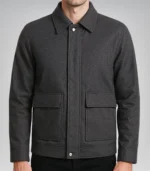 Charcoal grey wool zip-up winter jacket for men with shirt collar