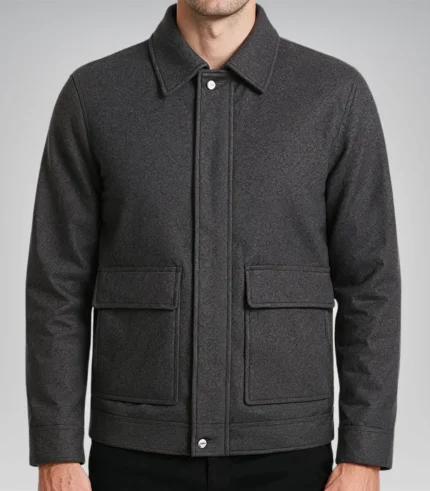 Charcoal grey wool zip-up winter jacket for men with shirt collar