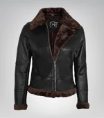 Dark brown real leather bomber jacket for women featuring shearling collar