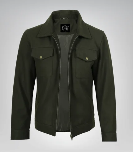 Olive green wool military-inspired winter coat for men
