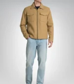 Men’s Camel Brown Wool Trucker Jacket with Zip Closure - Image 2