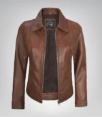 Cognac real leather Harrington jacket for women with classic collar