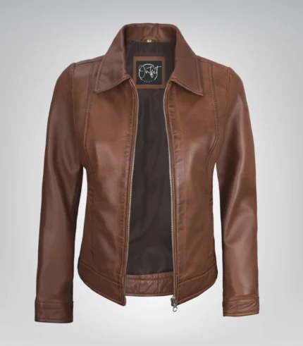 Cognac real leather Harrington jacket for women with classic collar