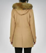 Women’s Camel Brown Hooded Wool Duffle Coat Shearling Trim Winter Outerwear - Image 2