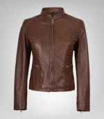 Cognac real waxed leather moto jacket for women