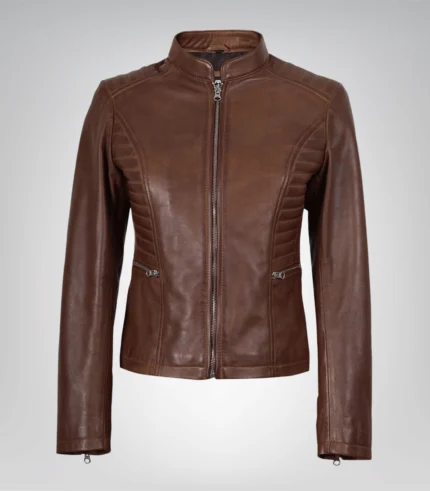 Cognac real waxed leather moto jacket for women