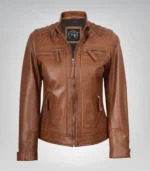 Tan genuine lambskin motorcycle jacket for women with quilted detailing