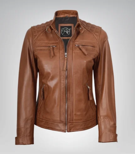 Tan genuine lambskin motorcycle jacket for women with quilted detailing