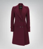 Women’s Burgundy Double-Breasted Long Wool Coat Elegant Wrap Trench Style - Image 2