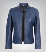 Blue real leather motorcycle jacket for women – modern tailored fit
