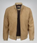 Men’s Camel Brown Real Suede Bomber Jacket Premium Zip Front Style - Image 2